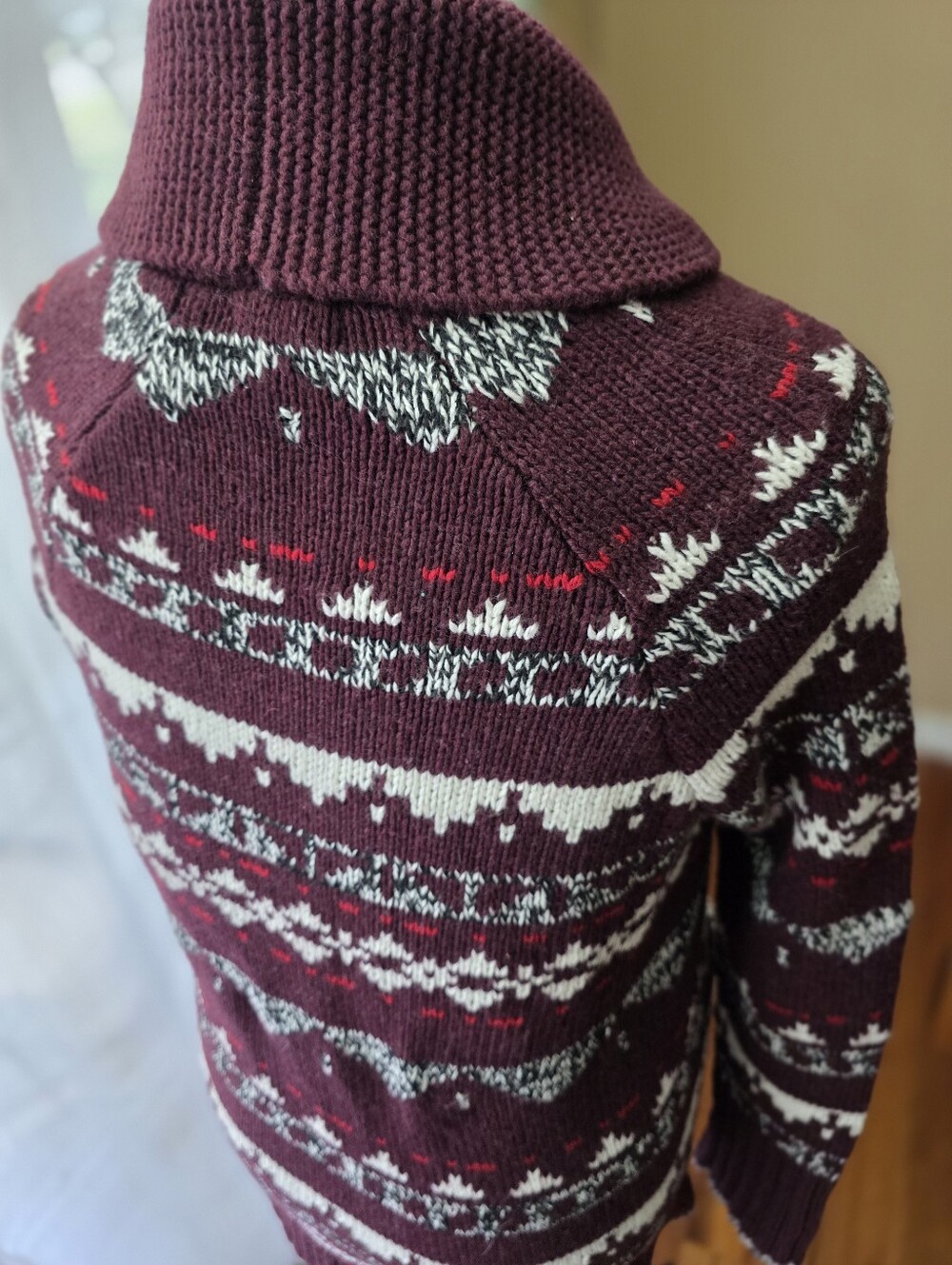 Eddie Bauer Wool Blend Fair Isle Cardigan L Burgundy Nordic Scandi Full Zip - Picture 8 of 13